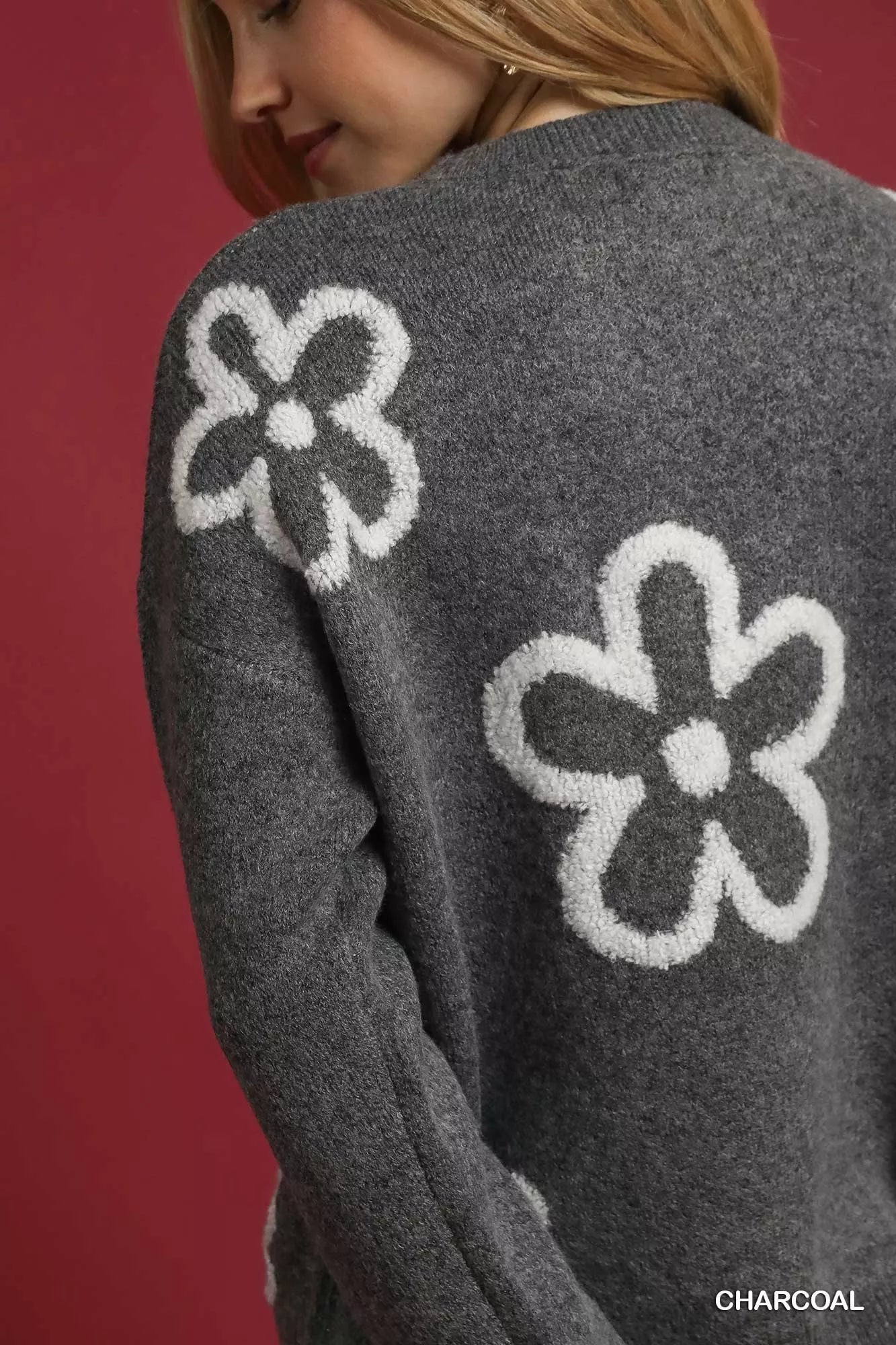 Umgee Round Neck Sweater with Floral Accents OutfitFlow