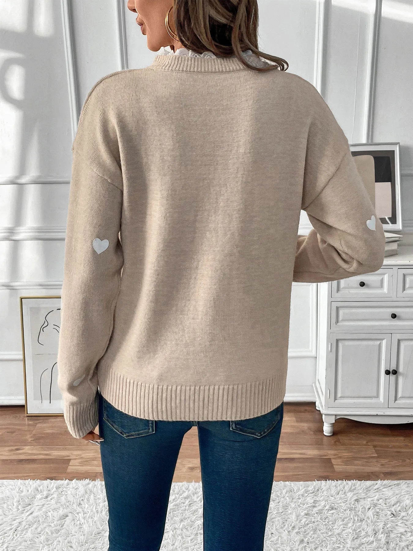 Heart V-Neck Long Sleeve Sweater OutfitFlow