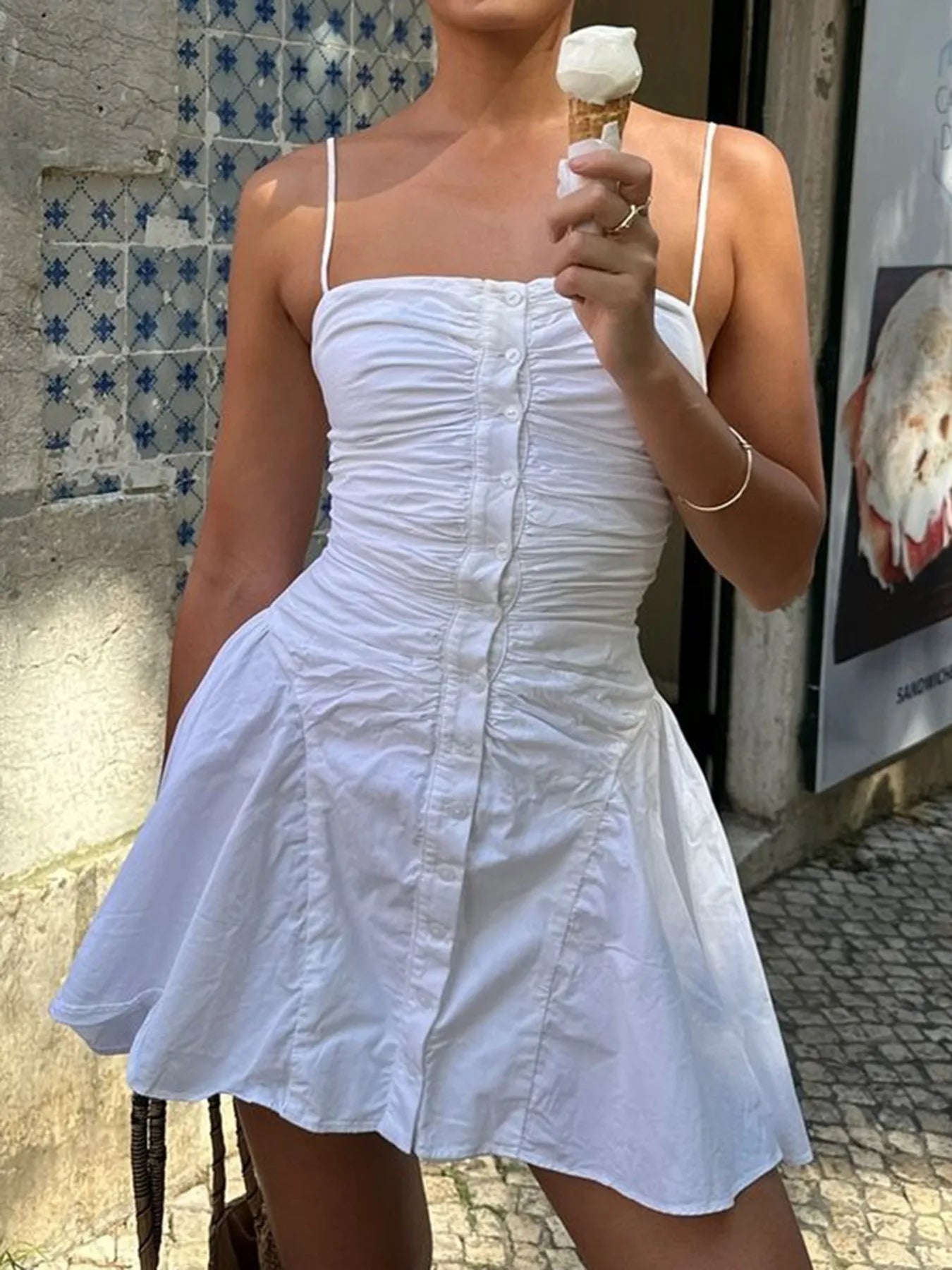 Ruched Button-Front Summer Dress OutfitFlow