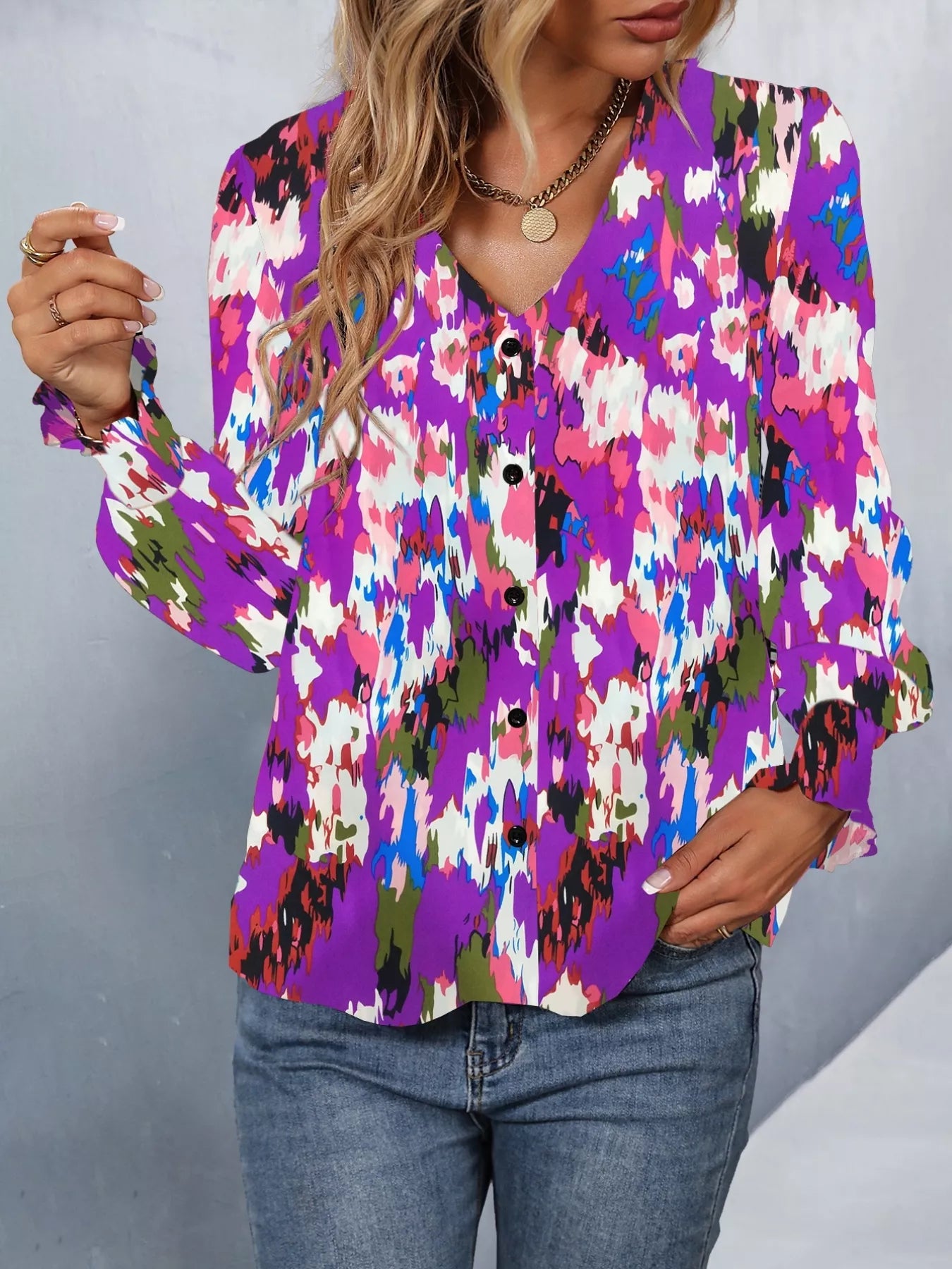 Printed Button Up Long Sleeve Shirt OutfitFlow