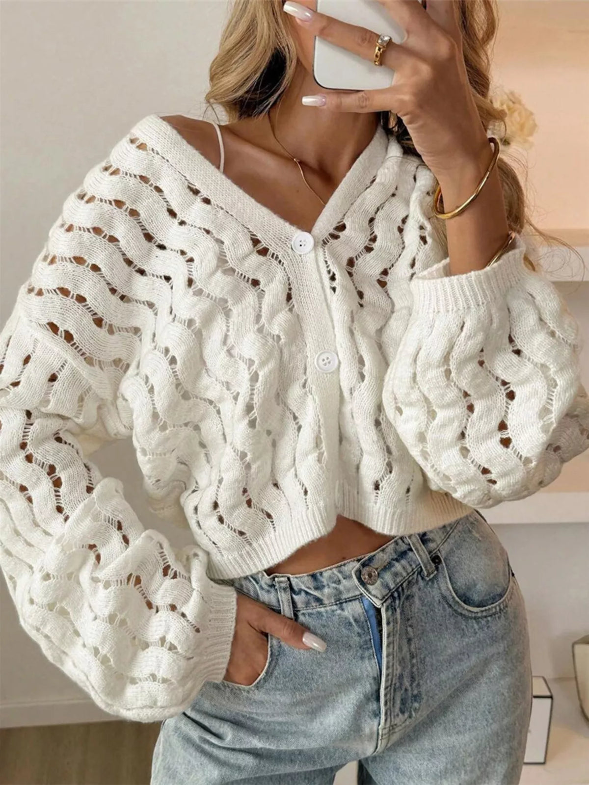 Openwork Button Up V-Neck Cardigan White OutfitFlow