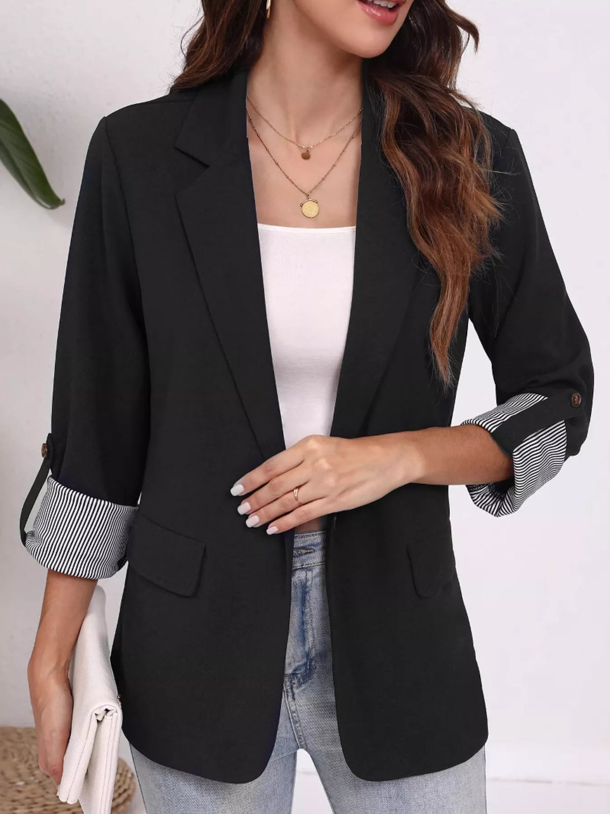 Lapel Collar Roll-Up Sleeve Blazer Black OutfitFlow