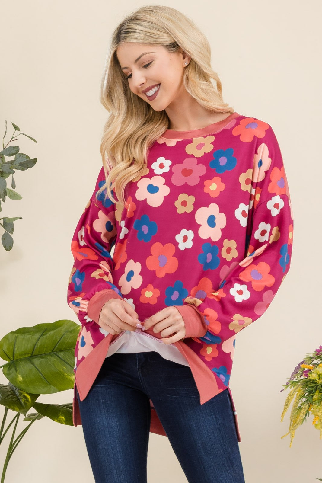 Outfit Flow - Celeste Full Size Side Slit Flower Print Long Sleeve Top