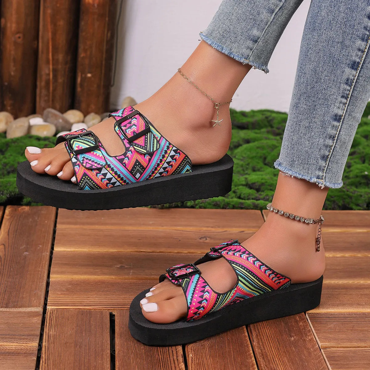 Ethnic Print Double Buckle Sandals OutfitFlow