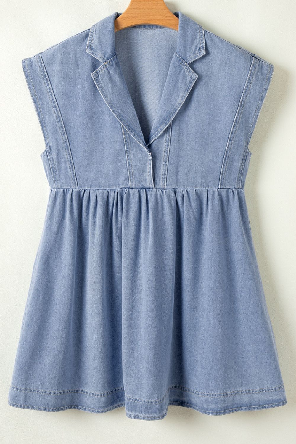 Lapel Neck Cap Sleeve Denim Babydoll Dress OutfitFlow