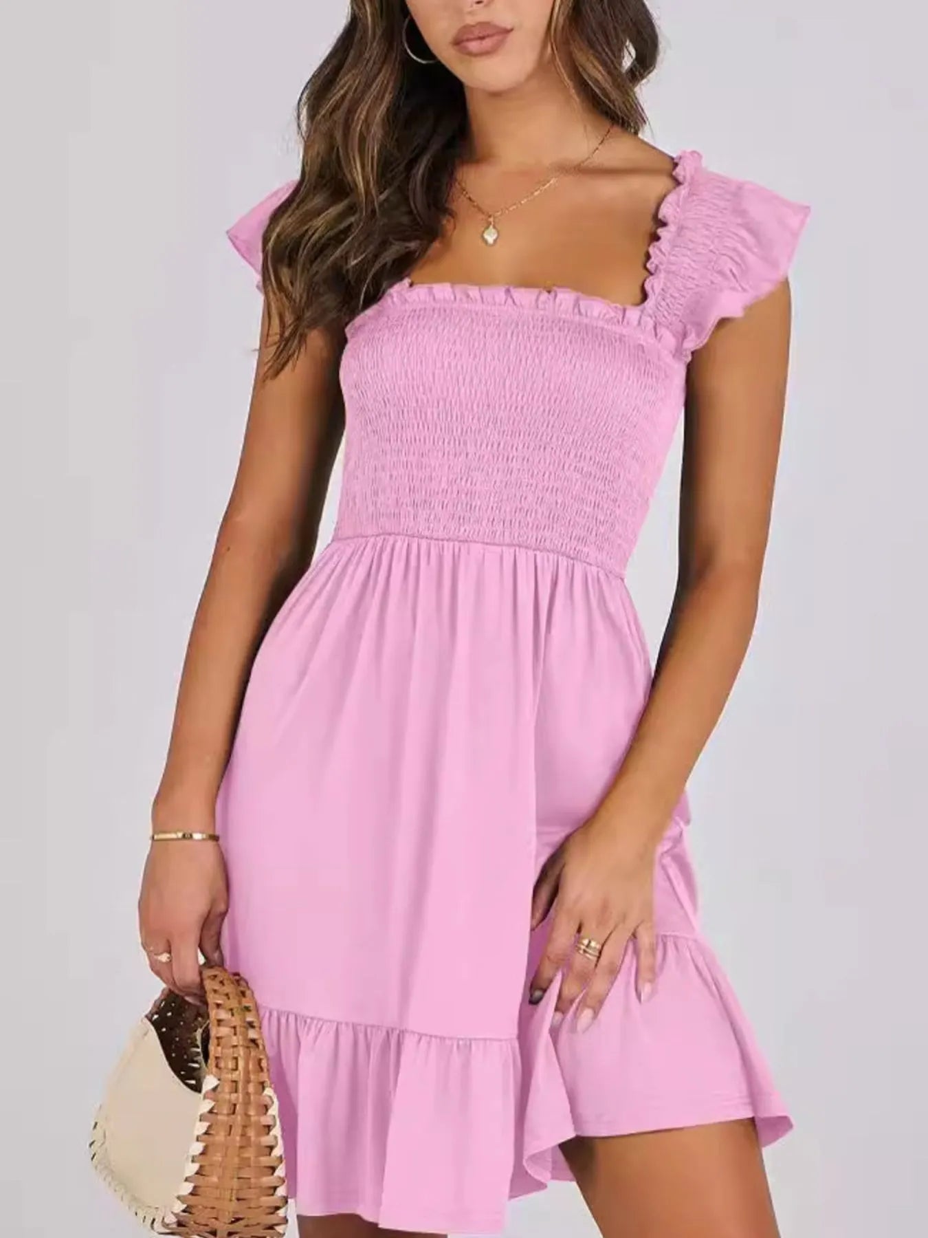 Ruffled Hem Smocked Cami Dress Pink OutfitFlow