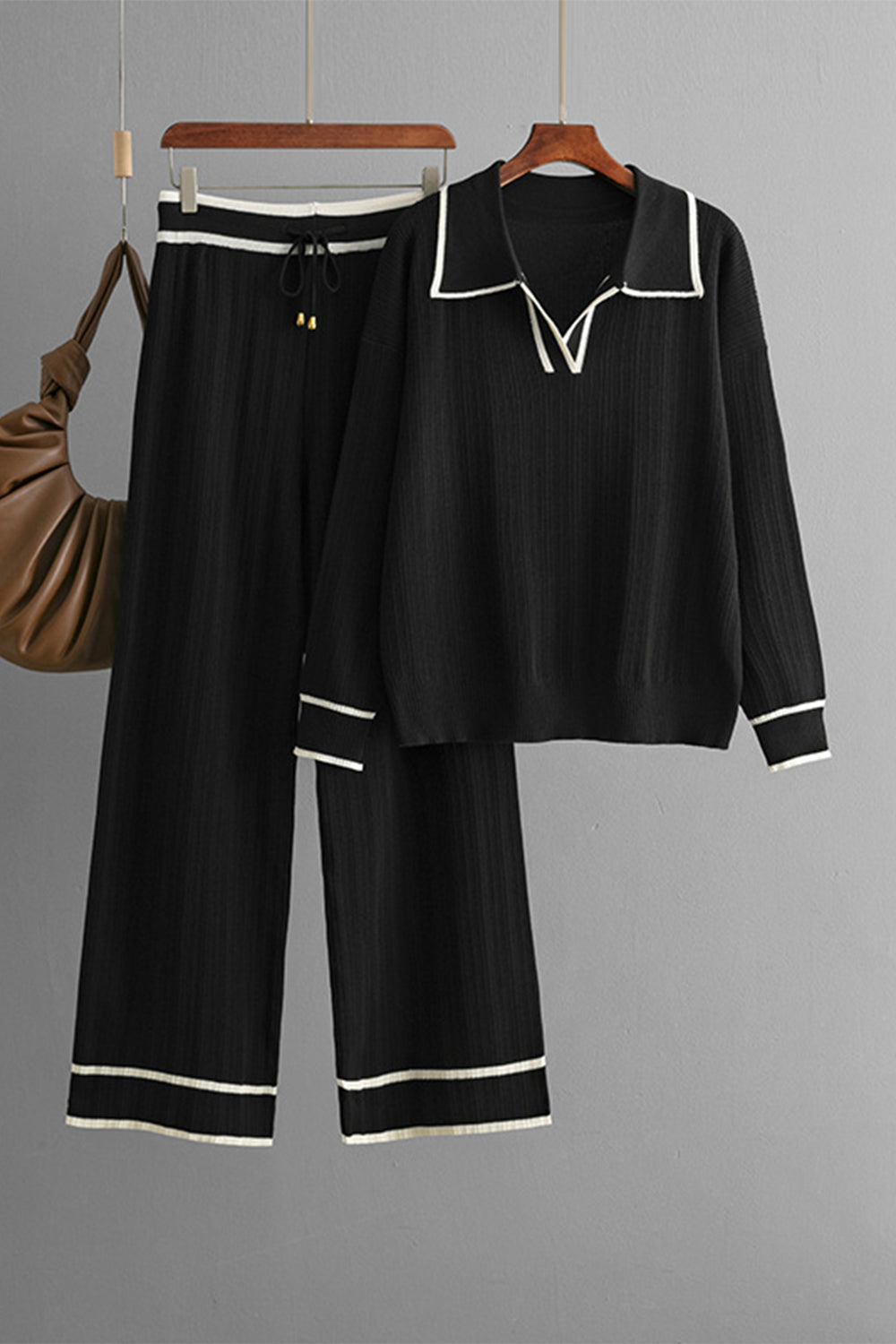 Outfit Flow - Contrast Trim Johnny Collar Top and Drawstring Pants Sweater Set