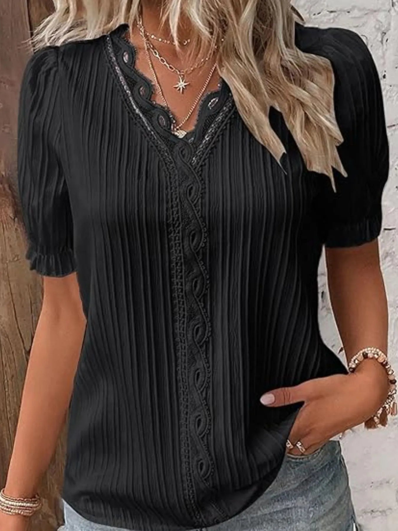 Full Size Lace Detail V-Neck Blouse Plus Size Black OutfitFlow