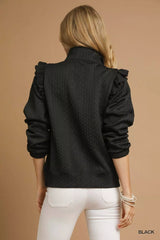 Umgee Cable Knit Textured Pullover with Ruffle Shoulders OutfitFlow