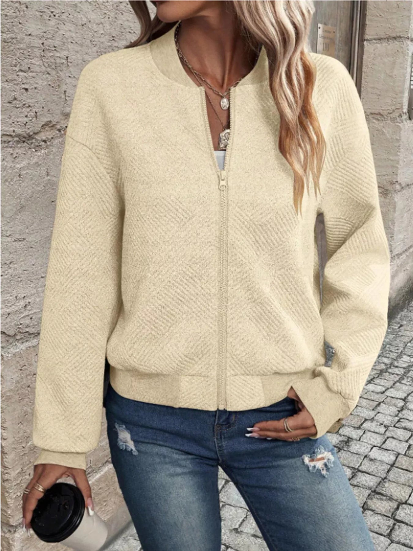 Textured Knit Zip-Up Bomber Jacket OutfitFlow