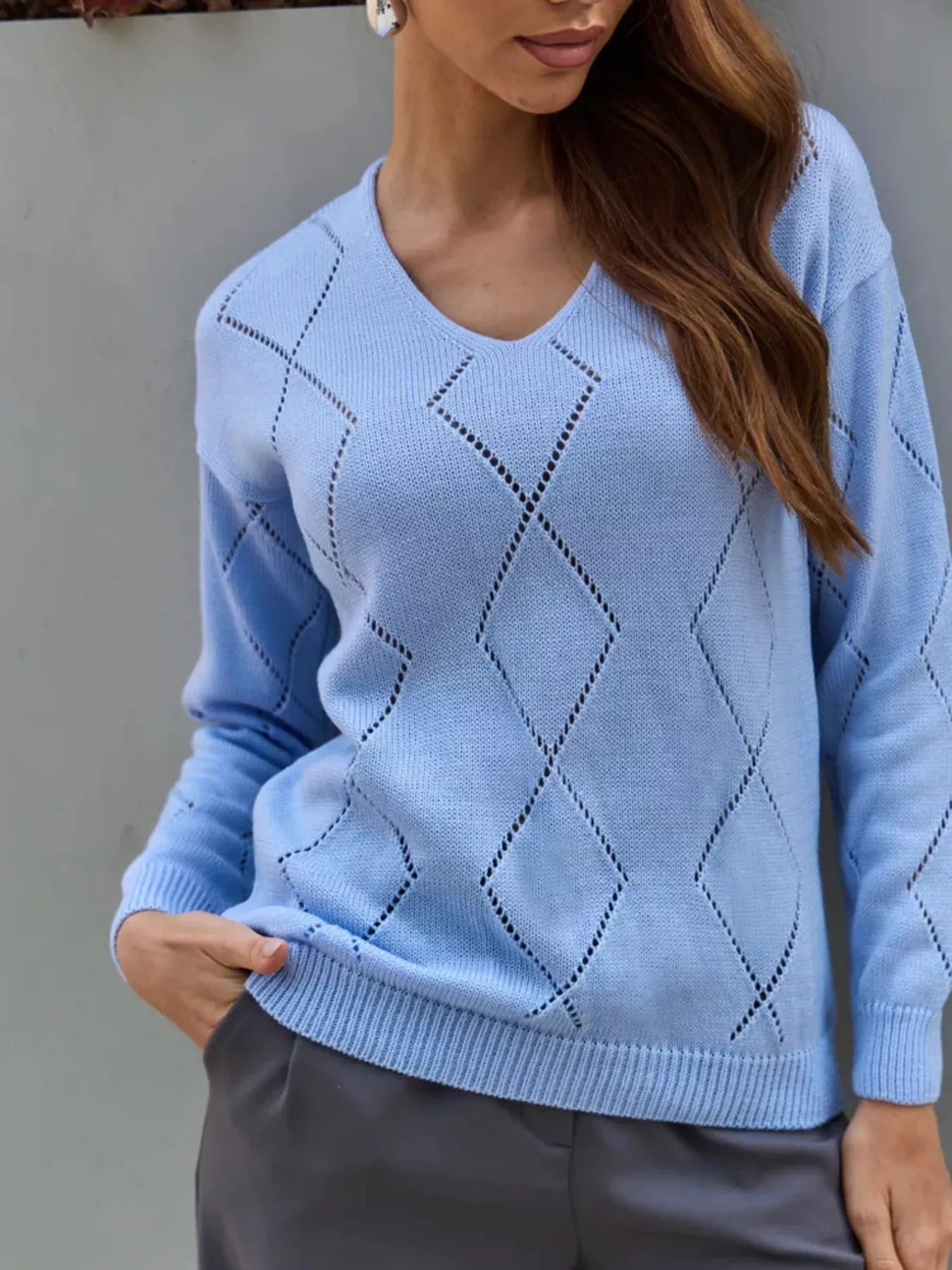 Openwork V-Neck Long Sleeve Sweater Light Blue OutfitFlow