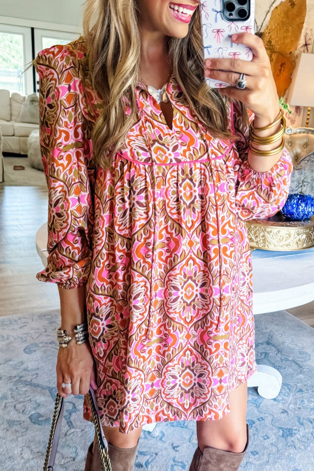 Printed Tie Neck Long Sleeve Mini Dress OutfitFlow