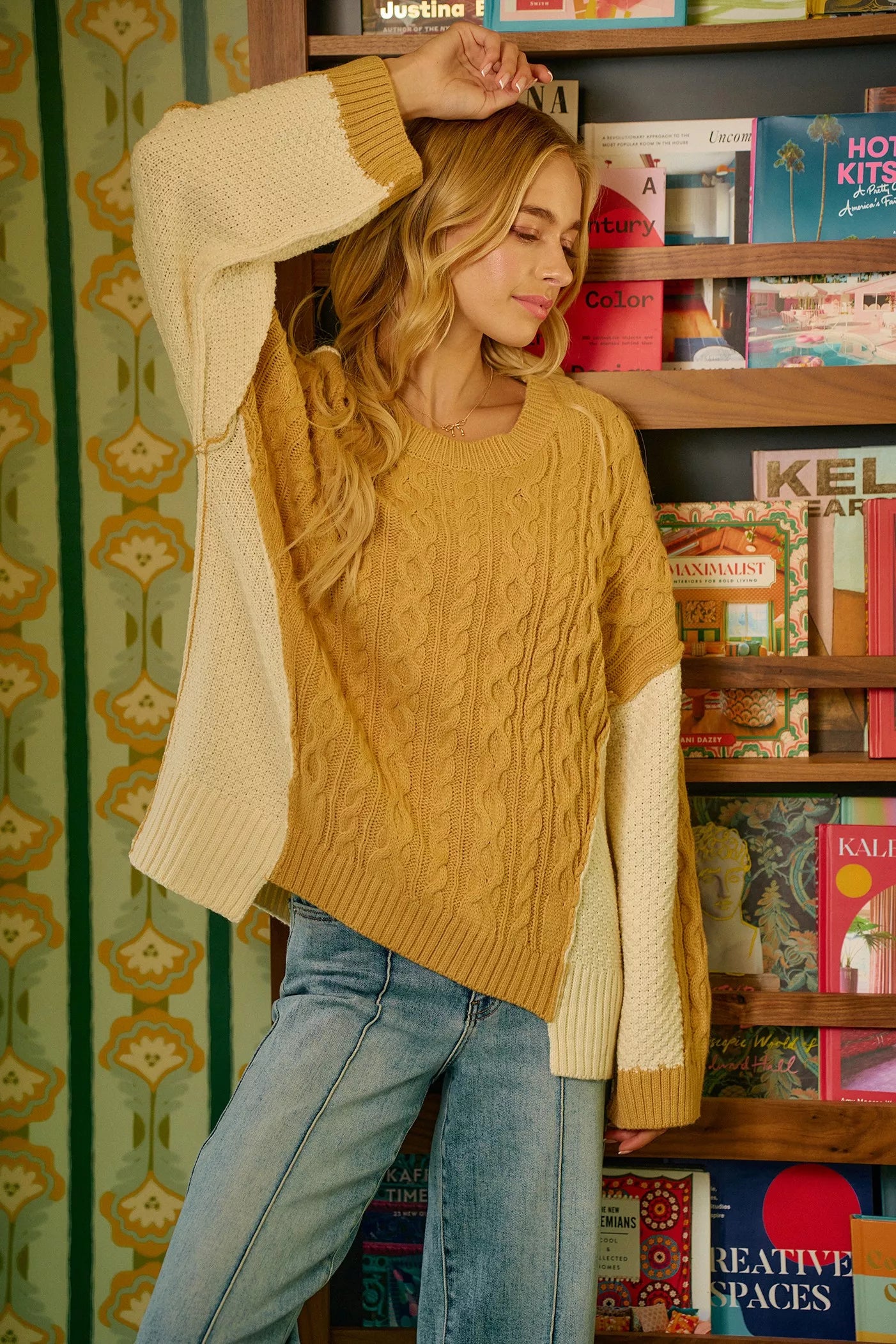BiBi Cable Knit With Hacci Combo Sweater With Uneven Hem Detail Trendsi