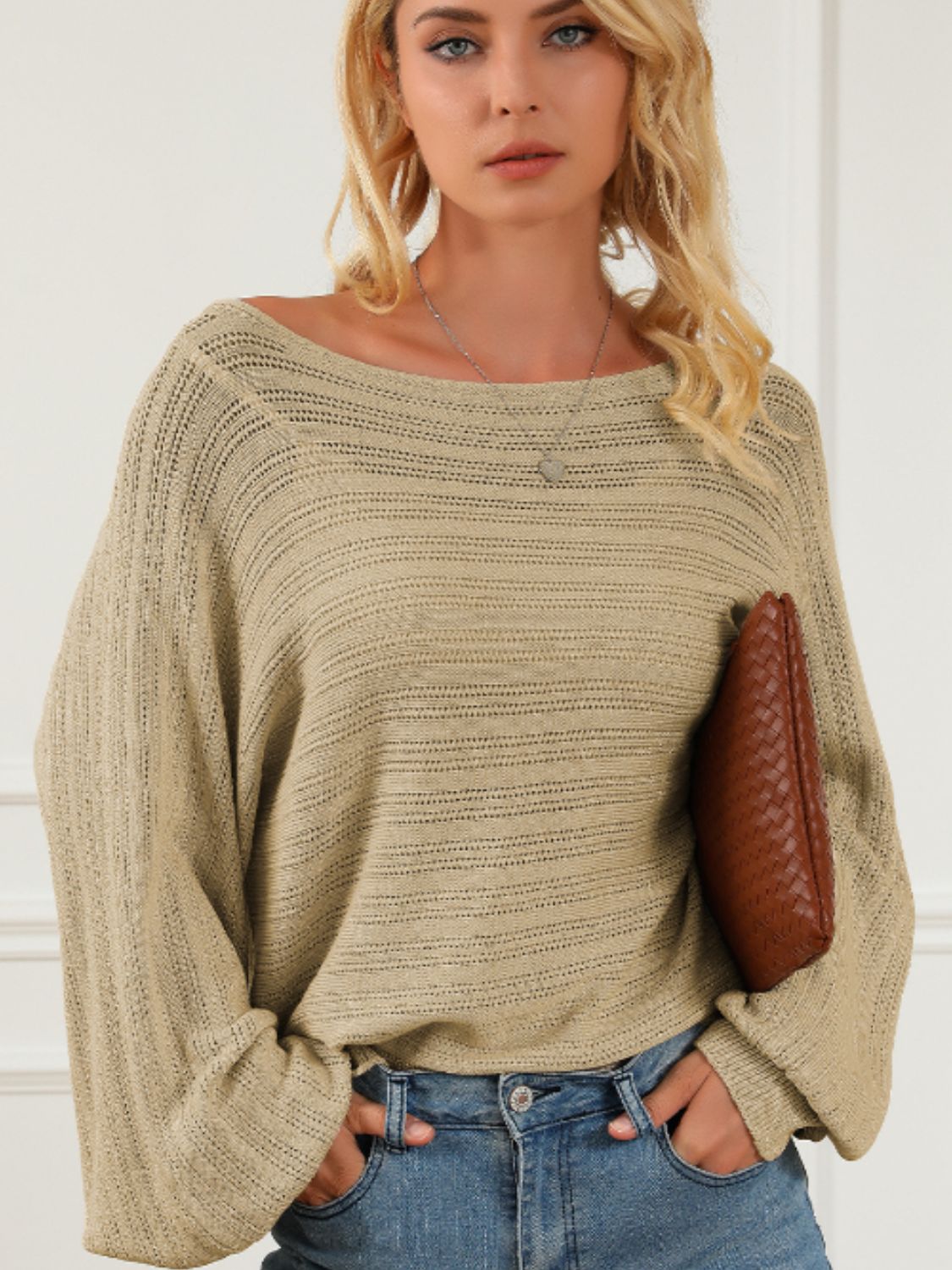 Outfit Flow - Eyelet Boat Neck Long Sleeve Knit Top