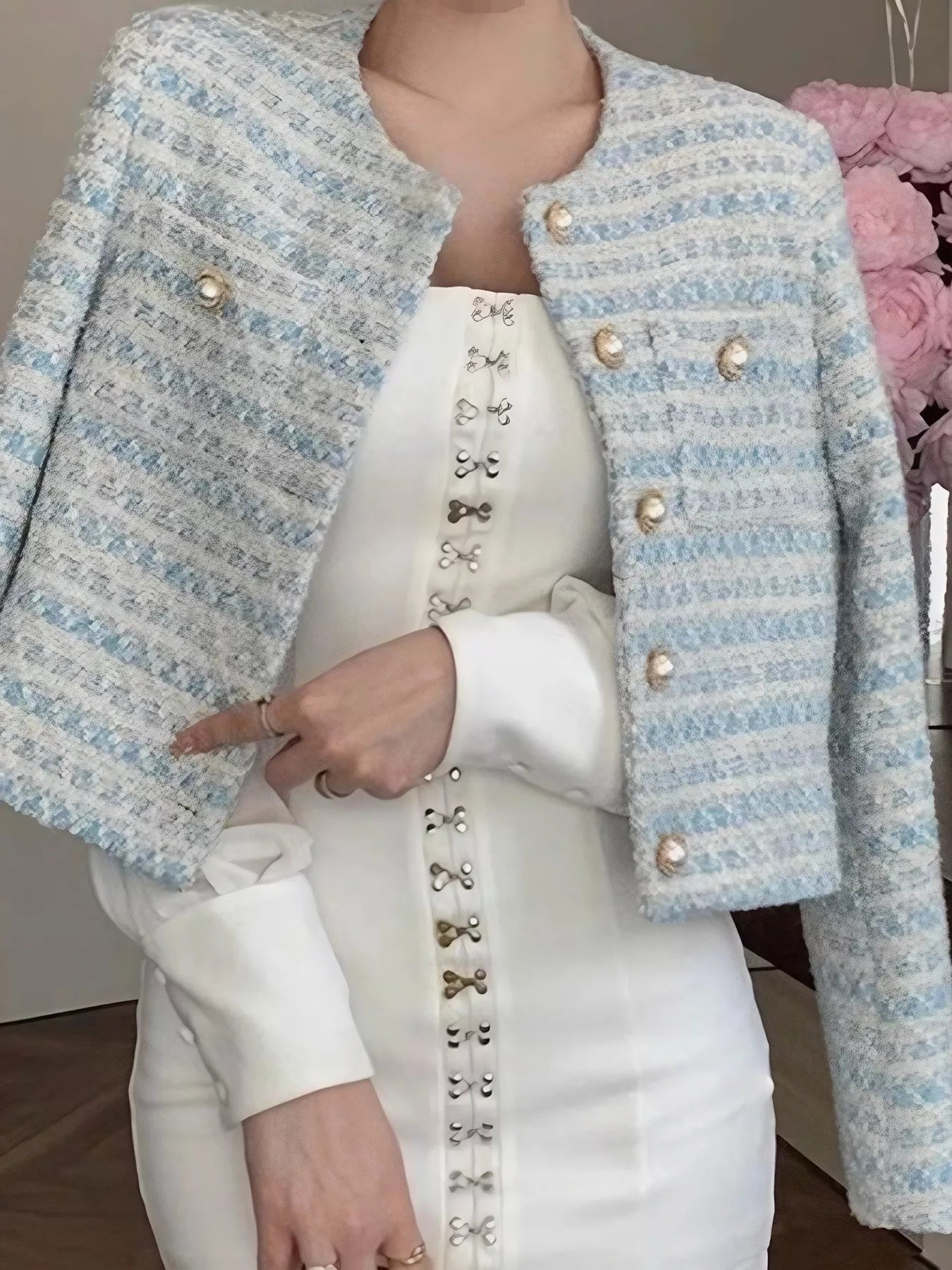 Button Up Cropped Tweed Outerwear OutfitFlow