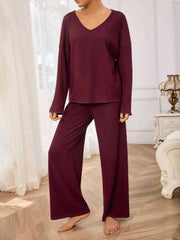 V-Neck Long Sleeve Top and Wide Leg Pants Set