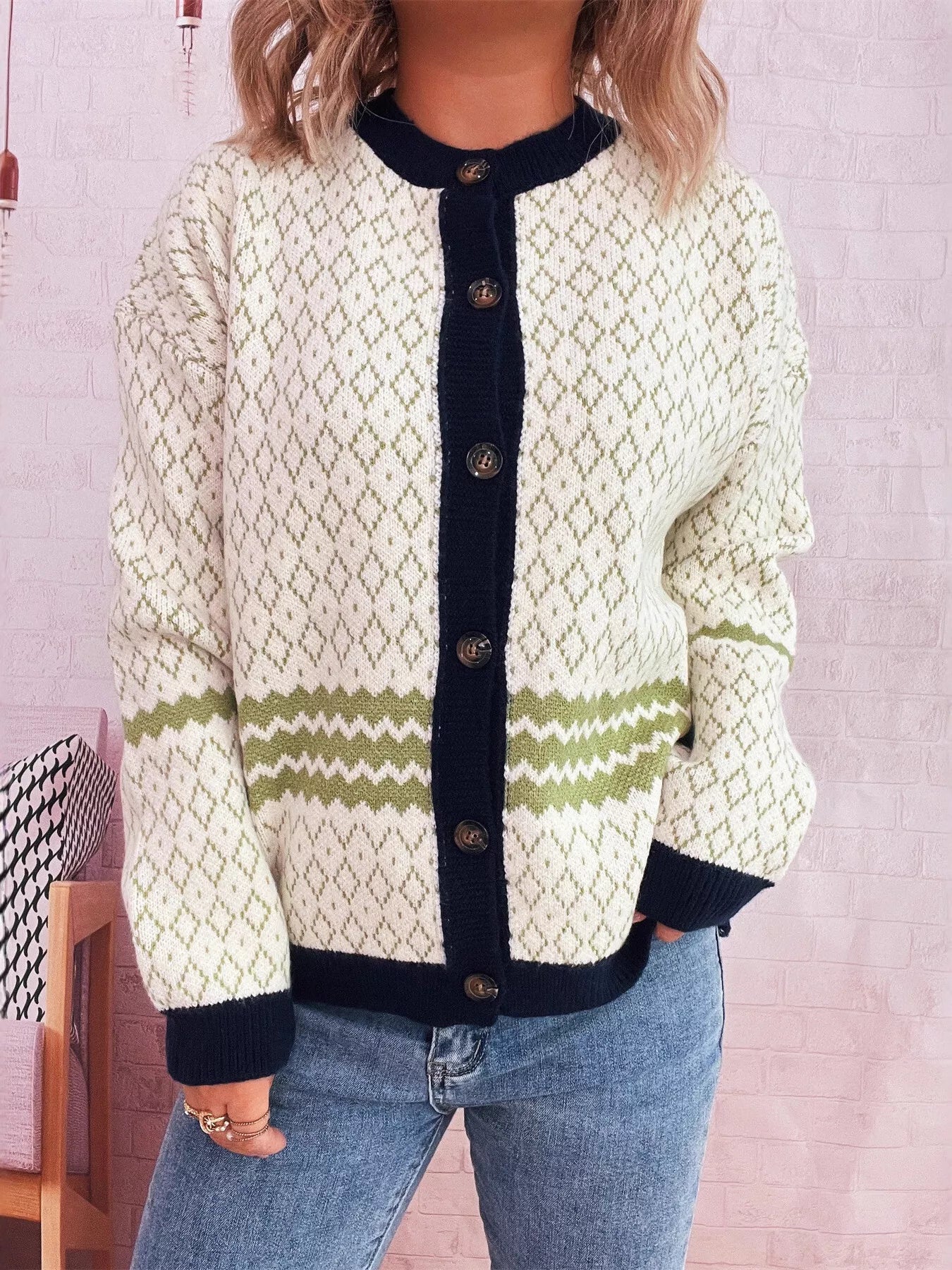 Geometric Pattern Button Up Cardigan Green One Size OutfitFlow