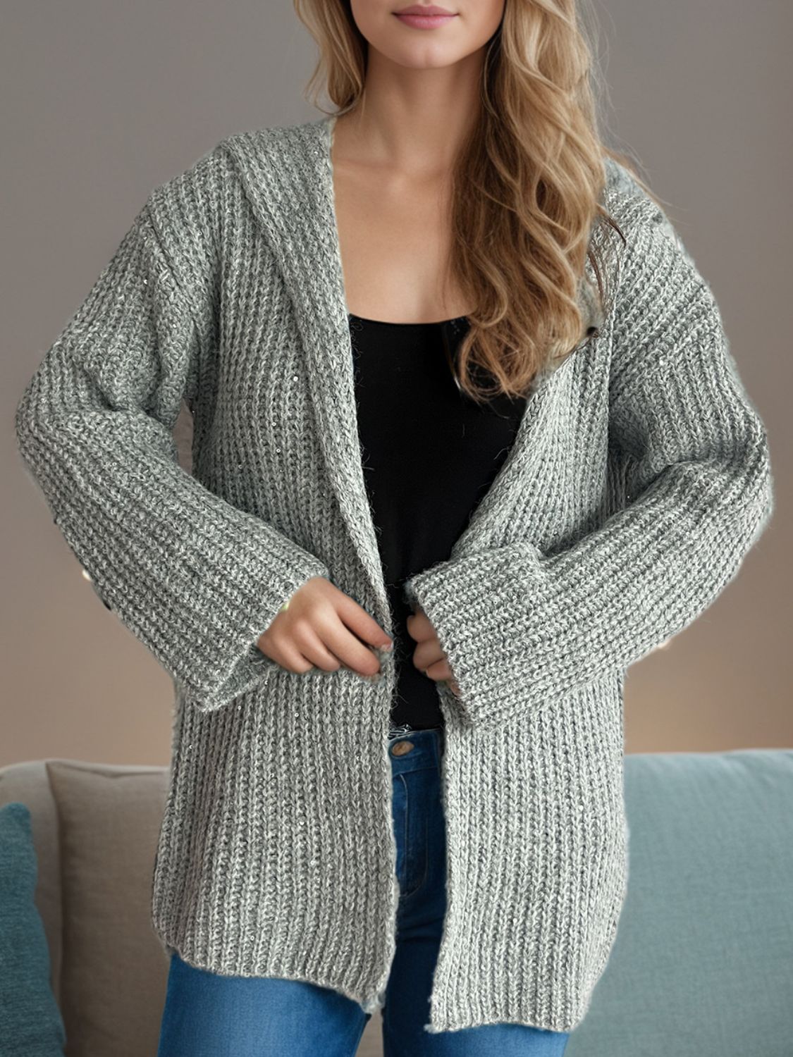 Outfit Flow - Sequin Detail Long Sleeve Hooded Cardigan