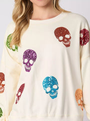 Halloween Colorful Skull Sequin Oversized Sweatshirt OutfitFlow