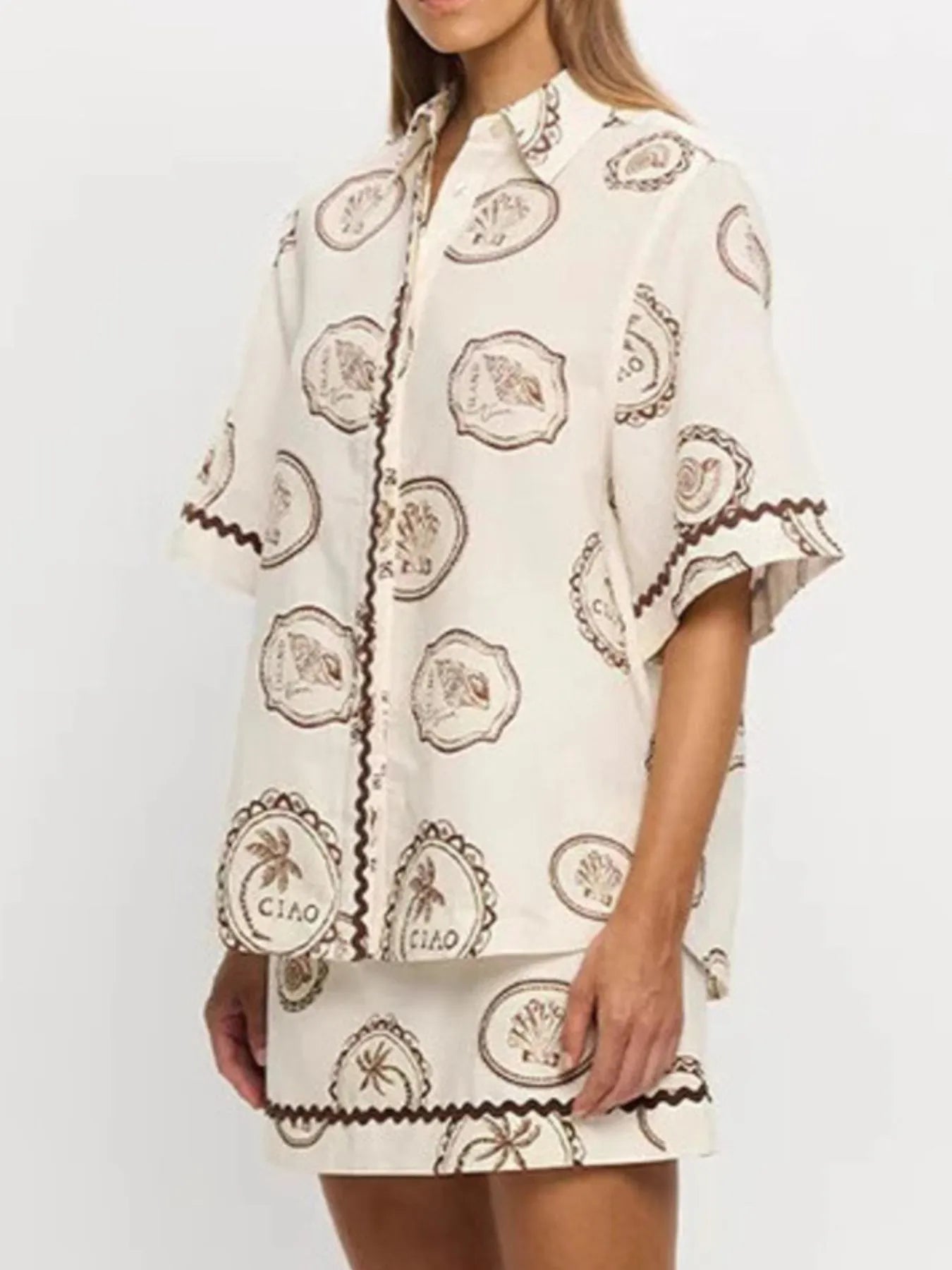 Printed Button Up Shirt and Skirt Set OutfitFlow