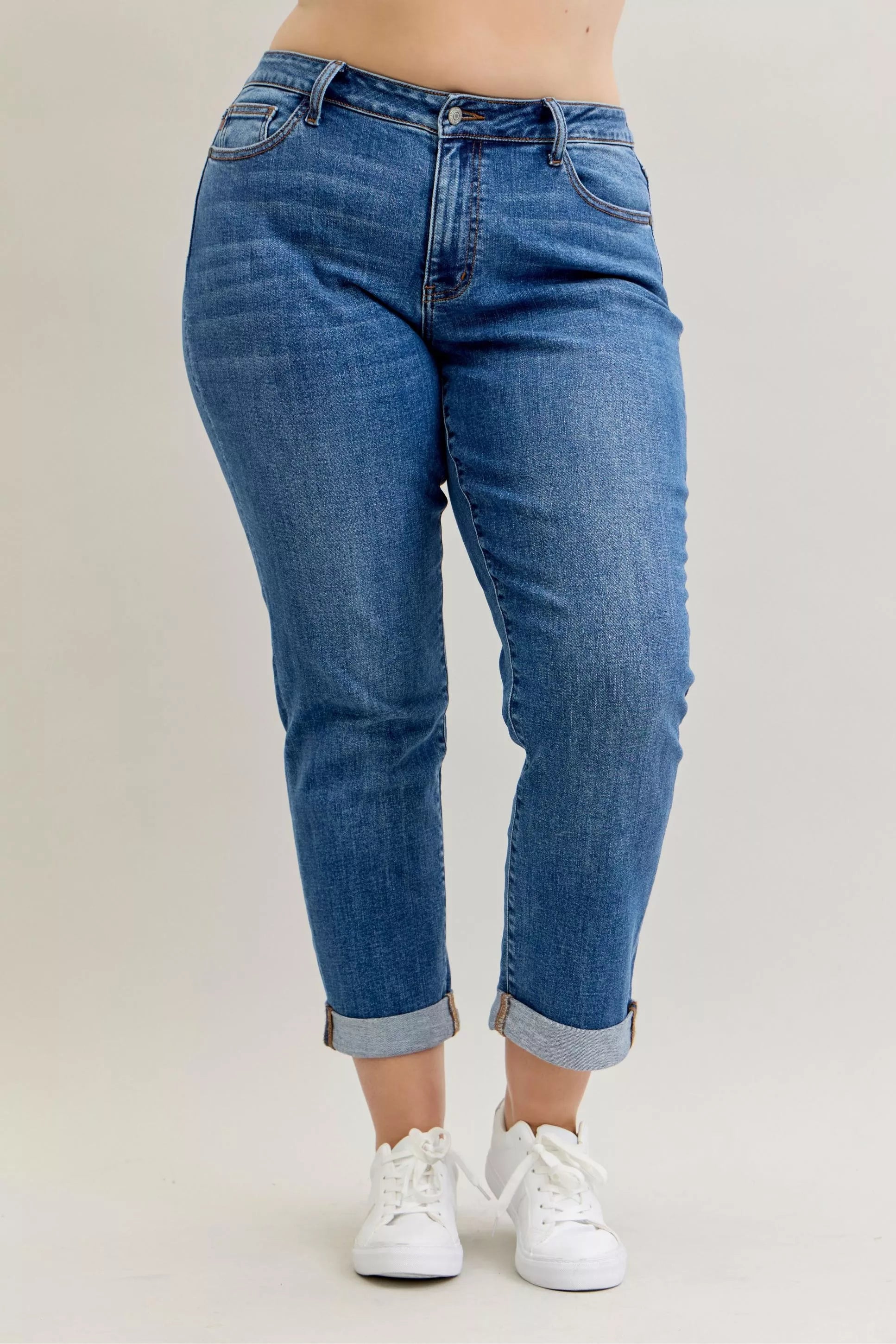 Judy Blue Full Size Mid Rise BF Classic Cuffed Jeans Plus Size OutfitFlow