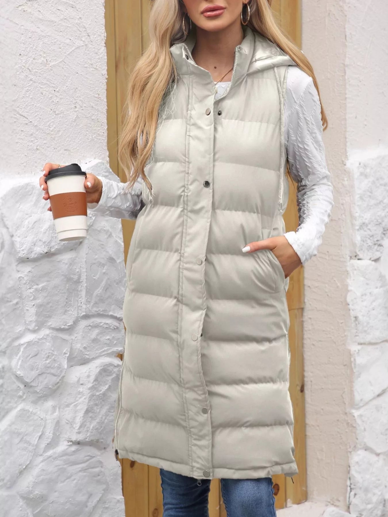 Full Size Snap Down Hooded Padded Longline Vest Coat Plus Size Ivory OutfitFlow