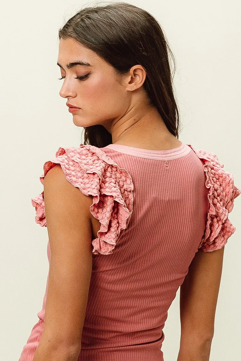 BiBi Rib Knit With Textured Ruffled Top OutfitFlow