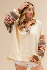 BiBi French Terry Knit and Aztec Print Mixed Top OutfitFlow
