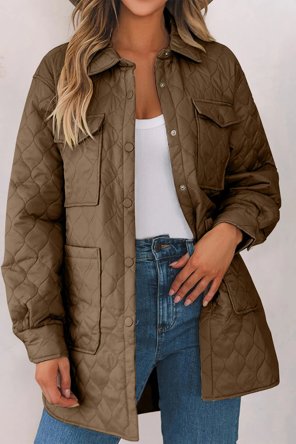 Snap Down Collared Winter Coat Camel OutfitFlow