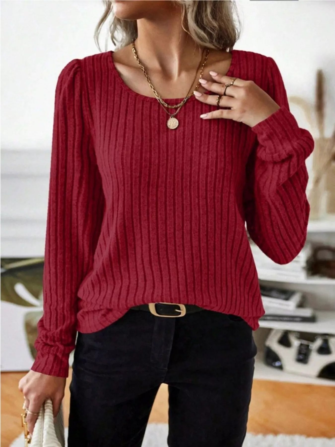 Ribbed Knit Long Sleeve T-Shirt Red OutfitFlow