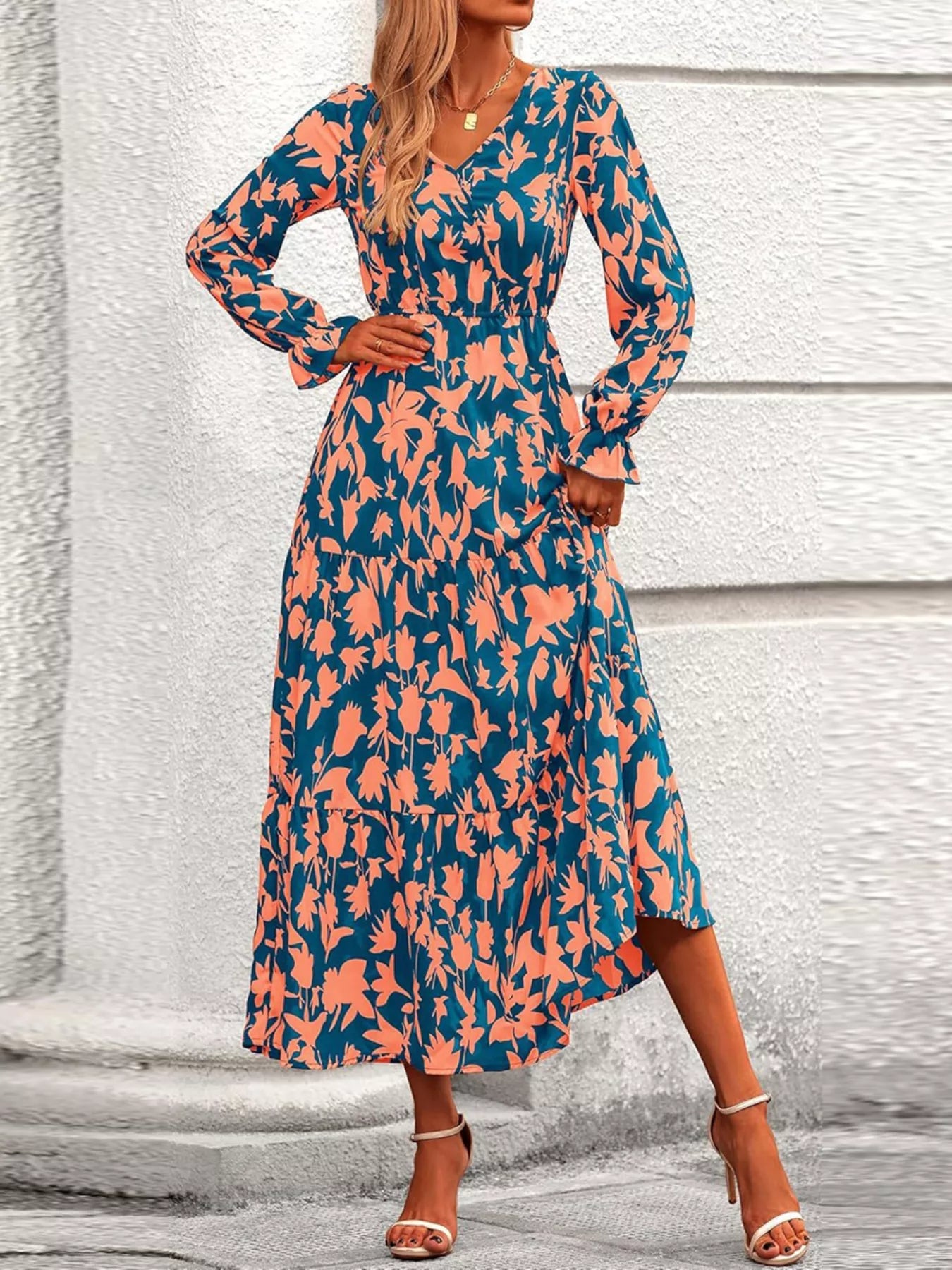 Printed V-Neck Flounce Sleeve Tiered Midi Dress OutfitFlow