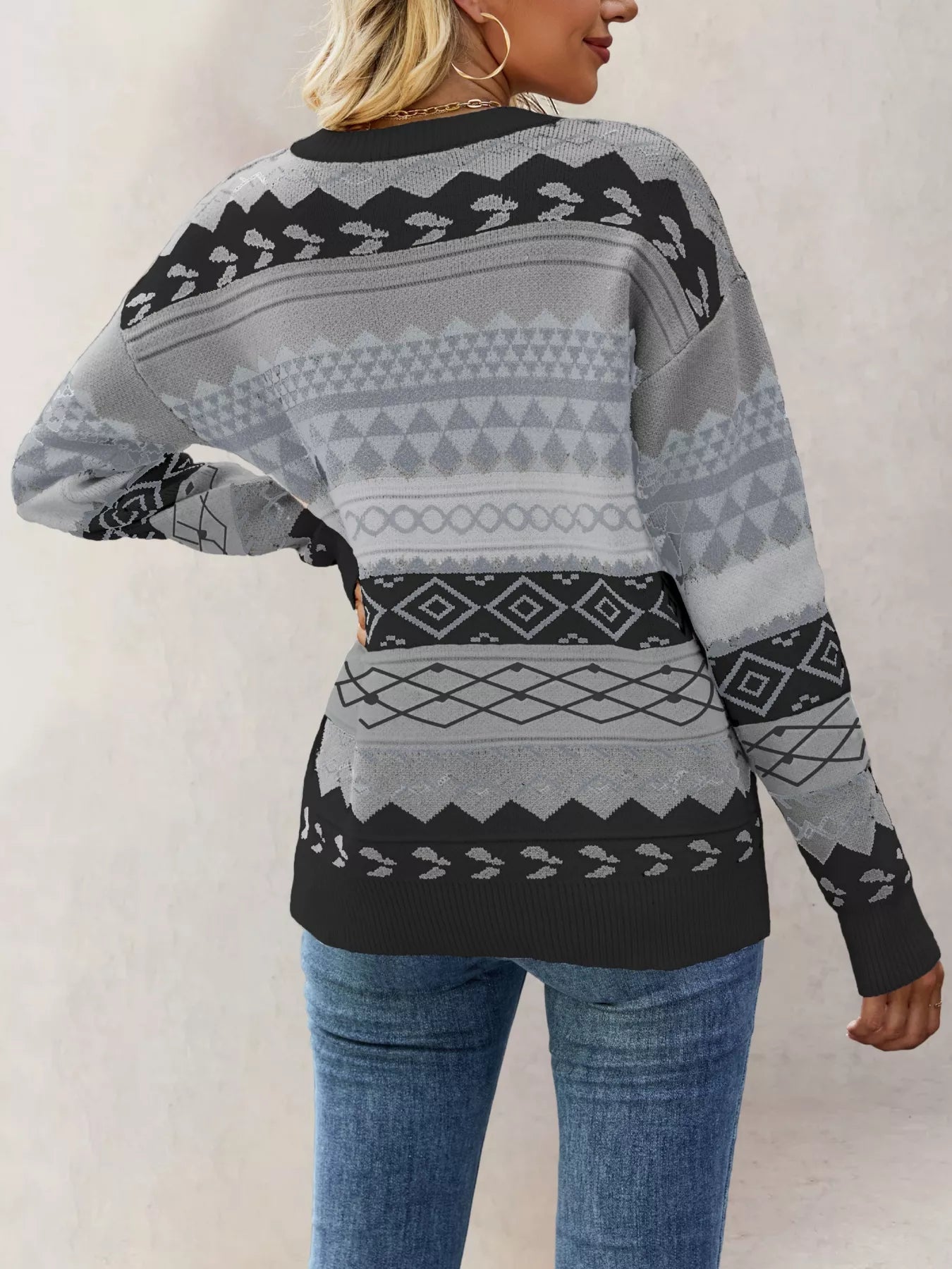Geometric Pattern Round Neck Sweater OutfitFlow