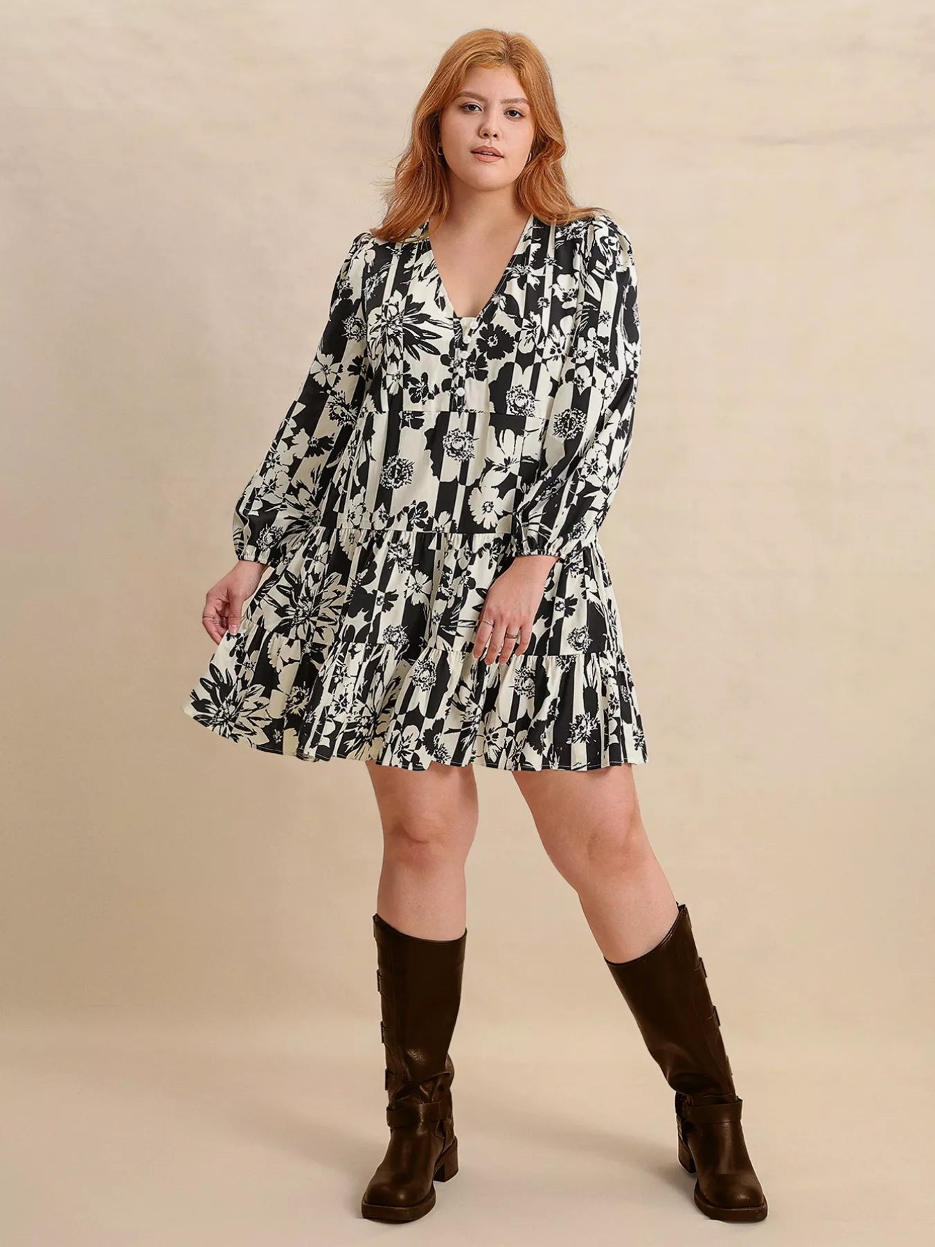 Plus Size Printed V-Neck Long Sleeve Mini Dress OutfitFlow