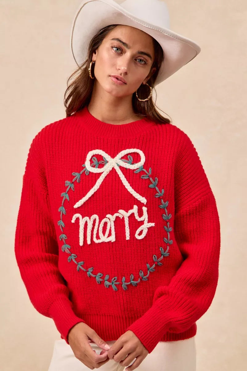 BiBi Christmas Wreath Merry Letter Knit Top OutfitFlow