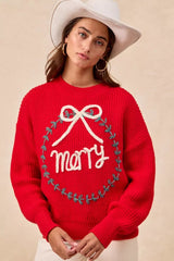 BiBi Christmas Wreath Merry Letter Knit Top OutfitFlow