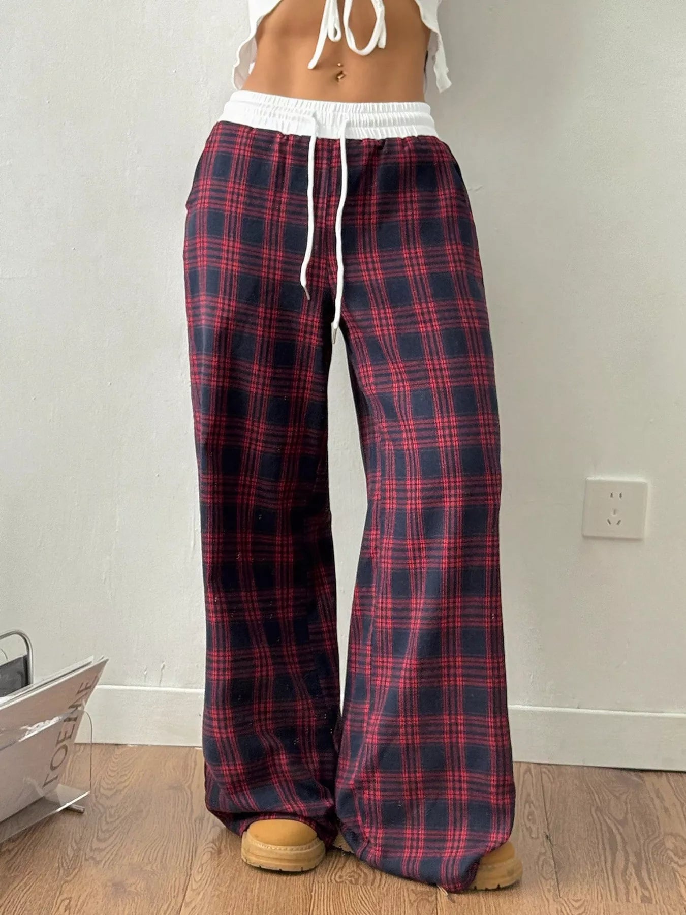 Plaid Wide-Leg Pants with Elastic Waistband Red OutfitFlow