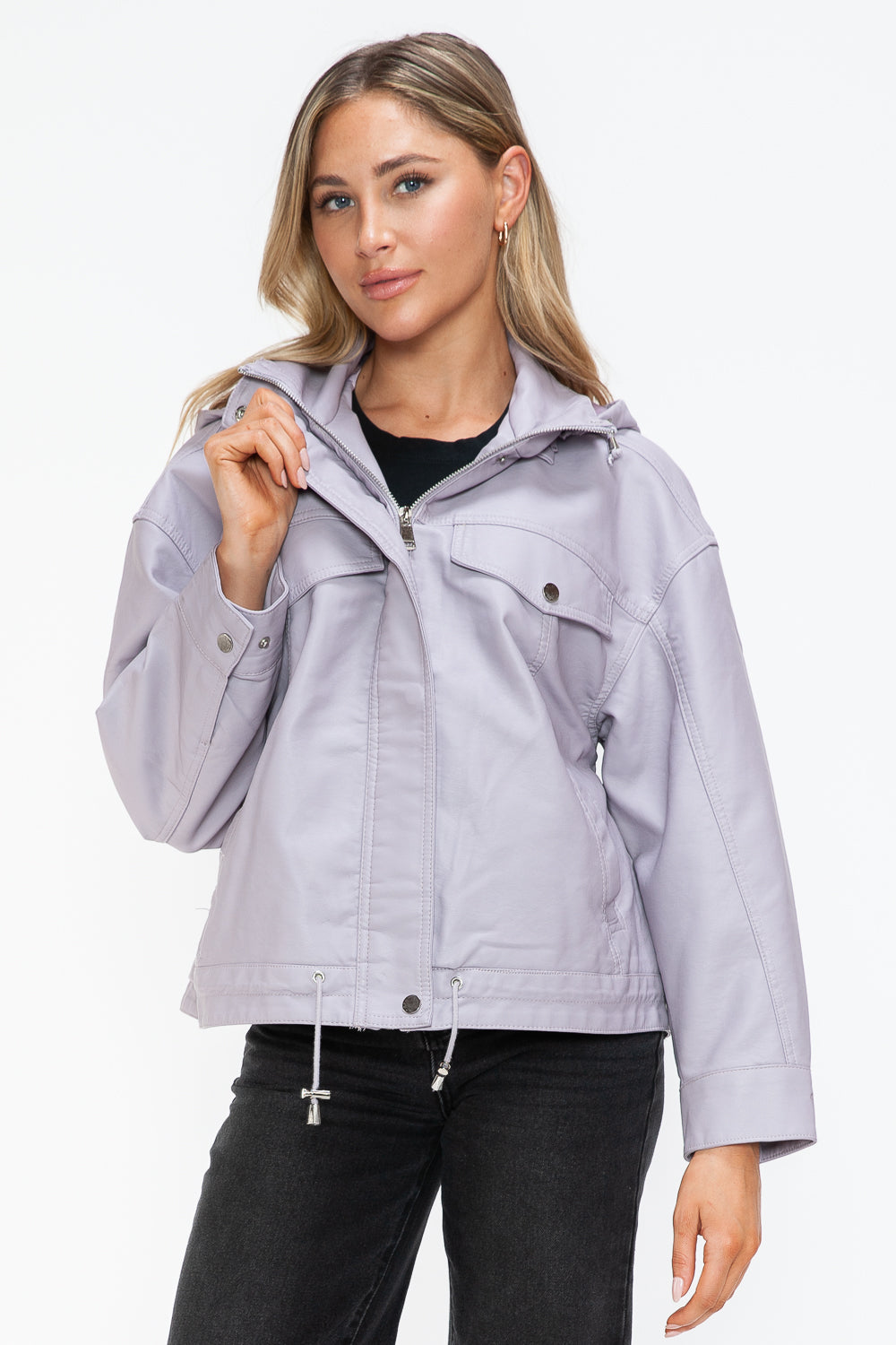 Outfit Flow - How Dare U Drawstring Hem PU Leather Zip Up Jacket