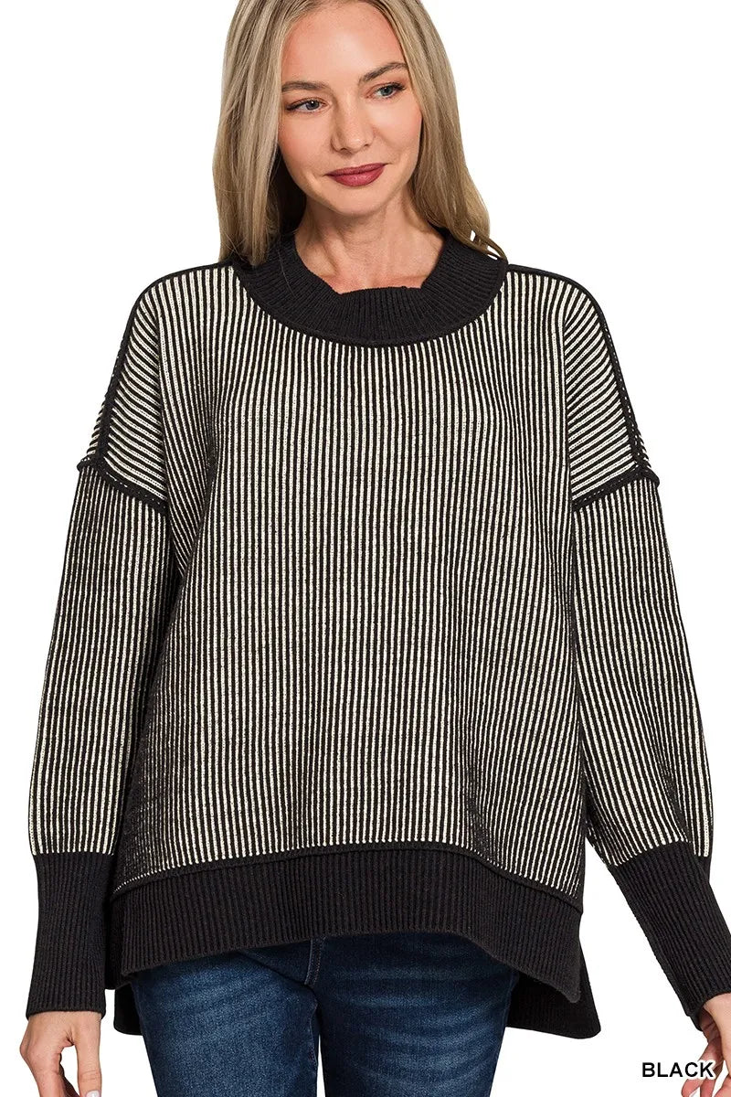 Zenana Exposed Seam Two Tone Ribbed Sweater BLACK Trendsi