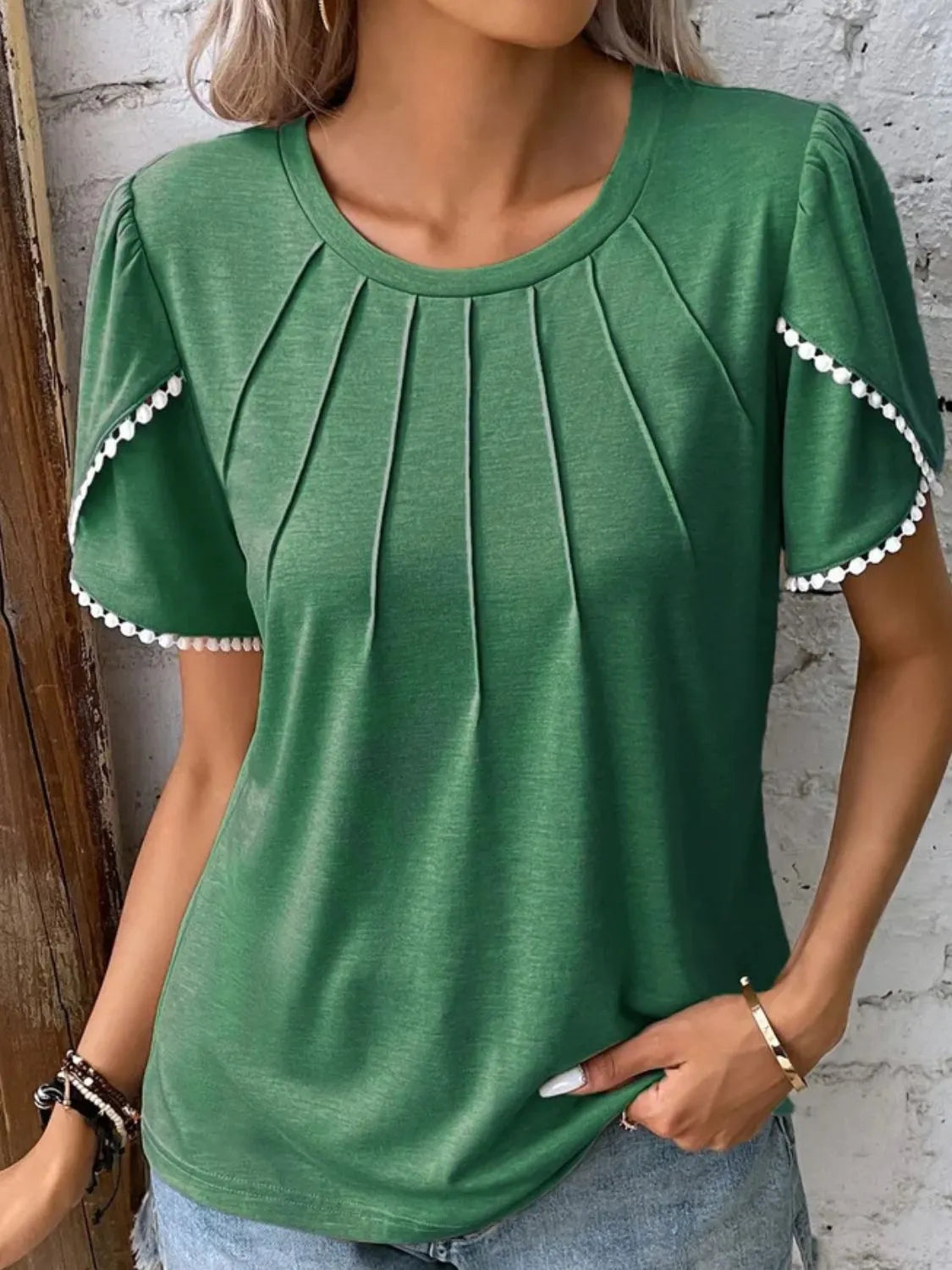 Full Size Round Neck Petal Sleeve Blouse Plus Size Dark Green OutfitFlow