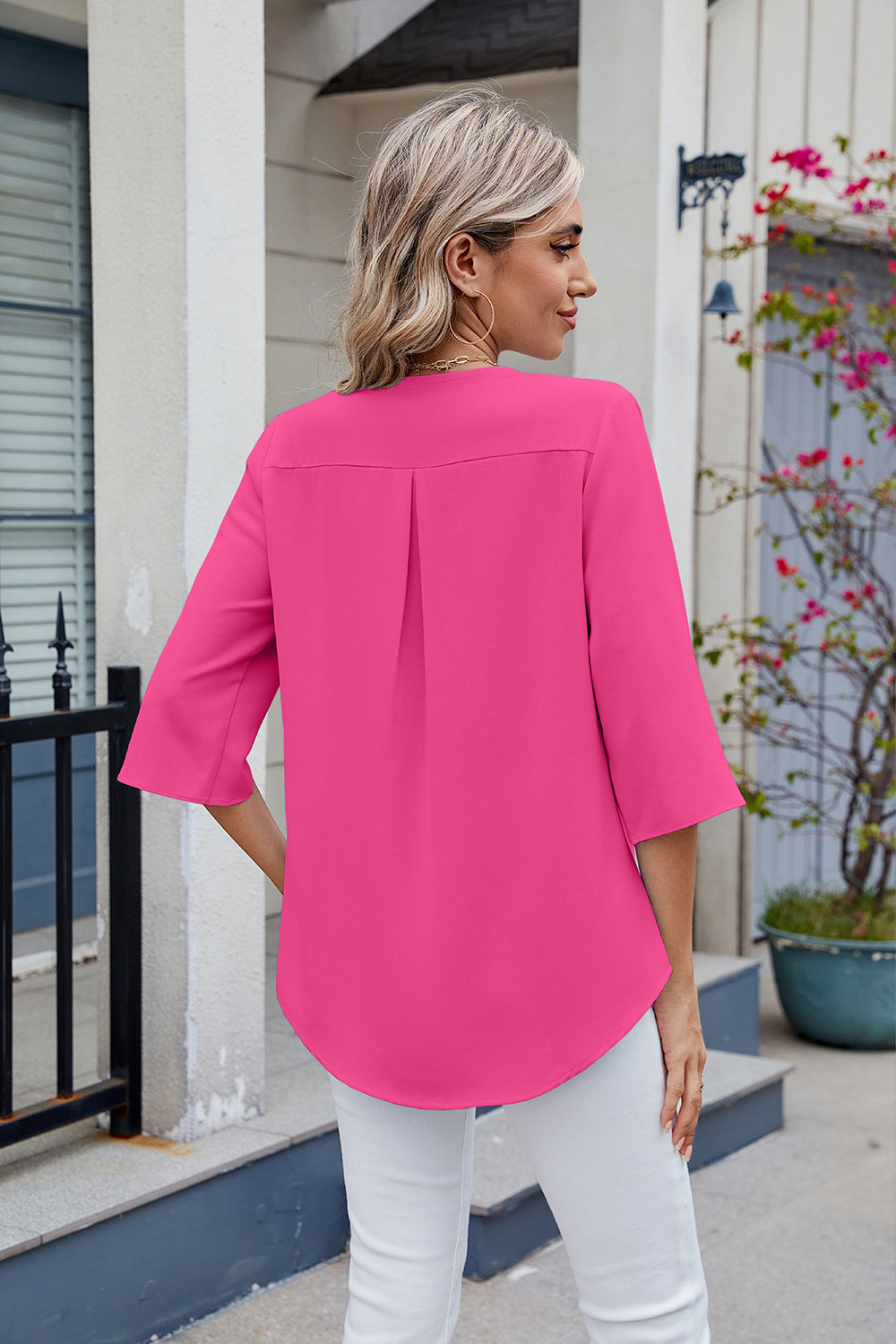 Outfit Flow - Ruffled V-Neck Three-Quarter Sleeve Blouse