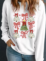 Christmas Tree Ribbon Bow Printed Drop Shoulder Sweatshirt White OutfitFlow
