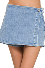 Zenana Wrap Front Skort Denim Shorts LIGHT OutfitFlow