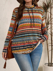 Outfit Flow - Plus Size Drawstring Printed Mock Neck Long Sleeve Top