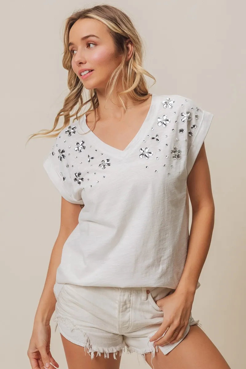 BiBi Slub Jersey Rhinestone V Neck Top OutfitFlow