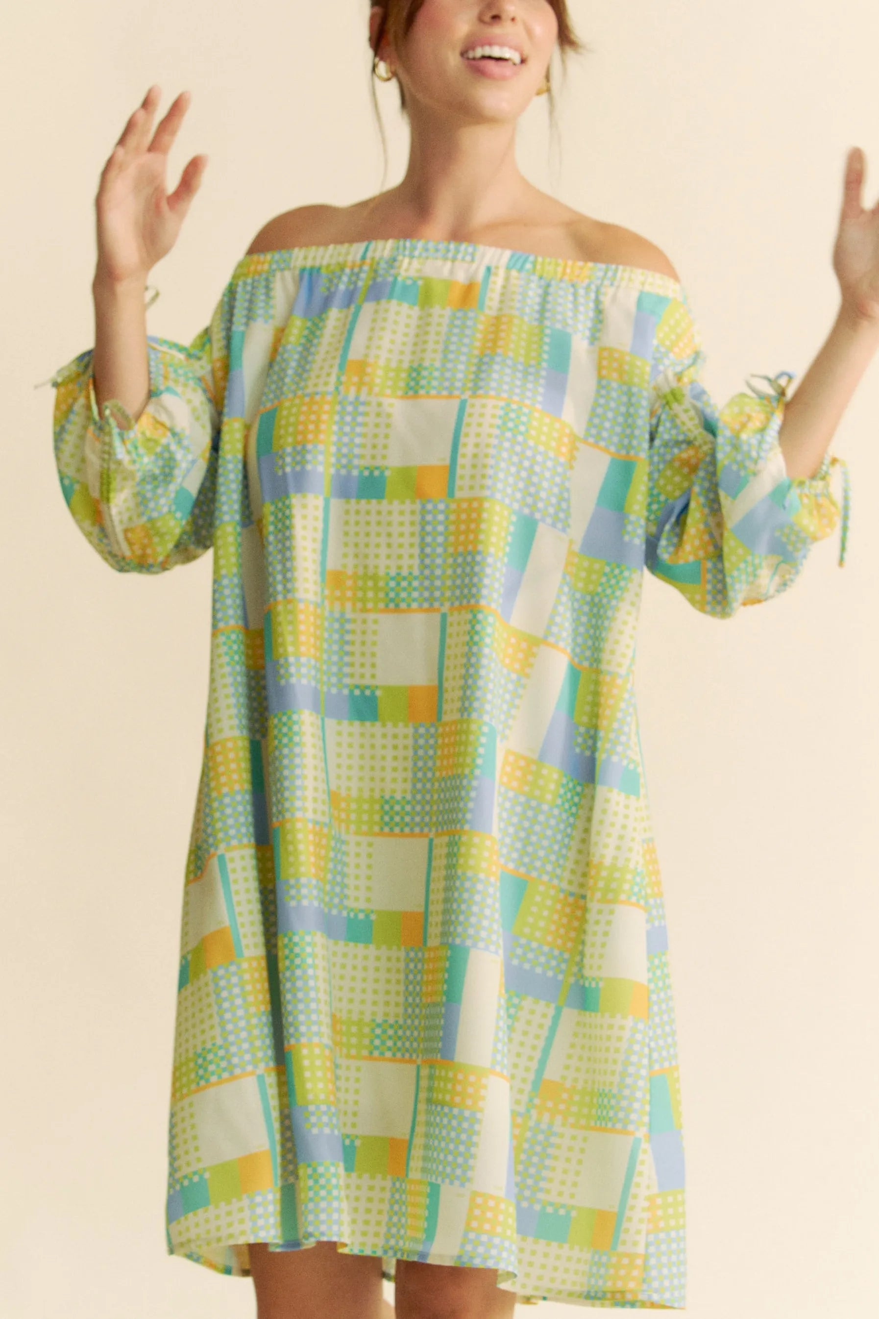 Davi & Dani Printed Off Shoulder Drawstring Sleeve Mini Dress OutfitFlow