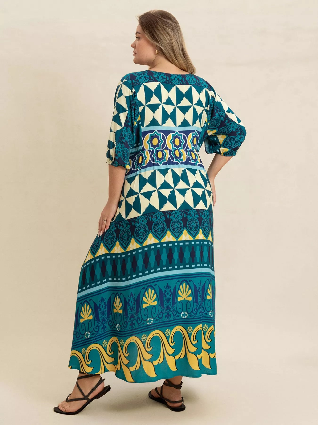 Plus Size Printed V-Neck Half Sleeve Midi Dress OutfitFlow