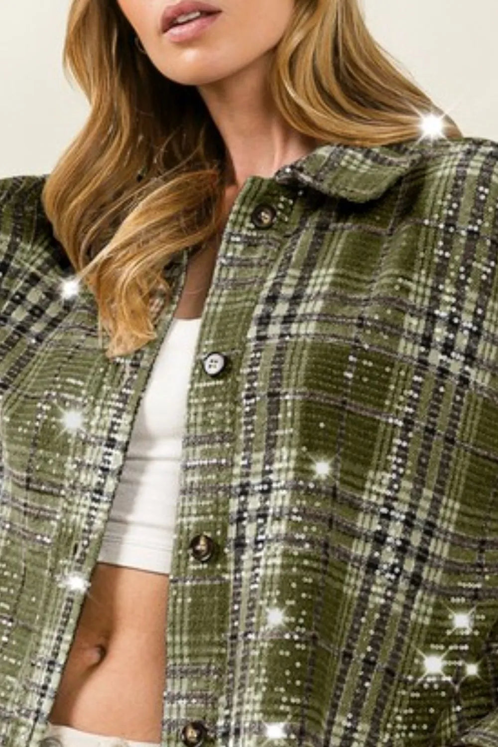 BiBi Allover Clear Sequins Vintage Plaid Jacket OutfitFlow