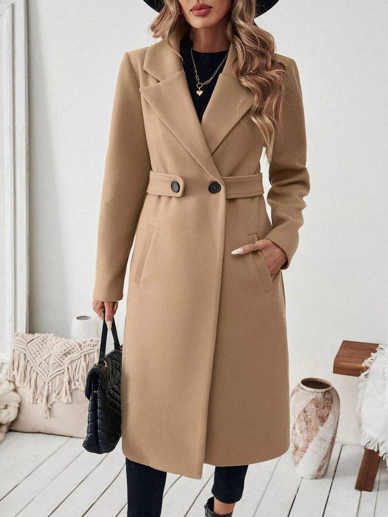 One Button Wool Blend Overcoat Camel OutfitFlow