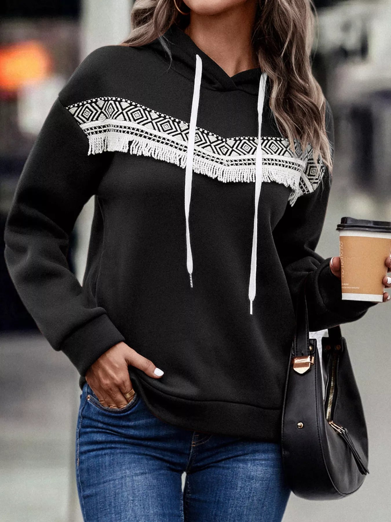 Fringe Detail Long Sleeve Drawstring Hoodie Black OutfitFlow