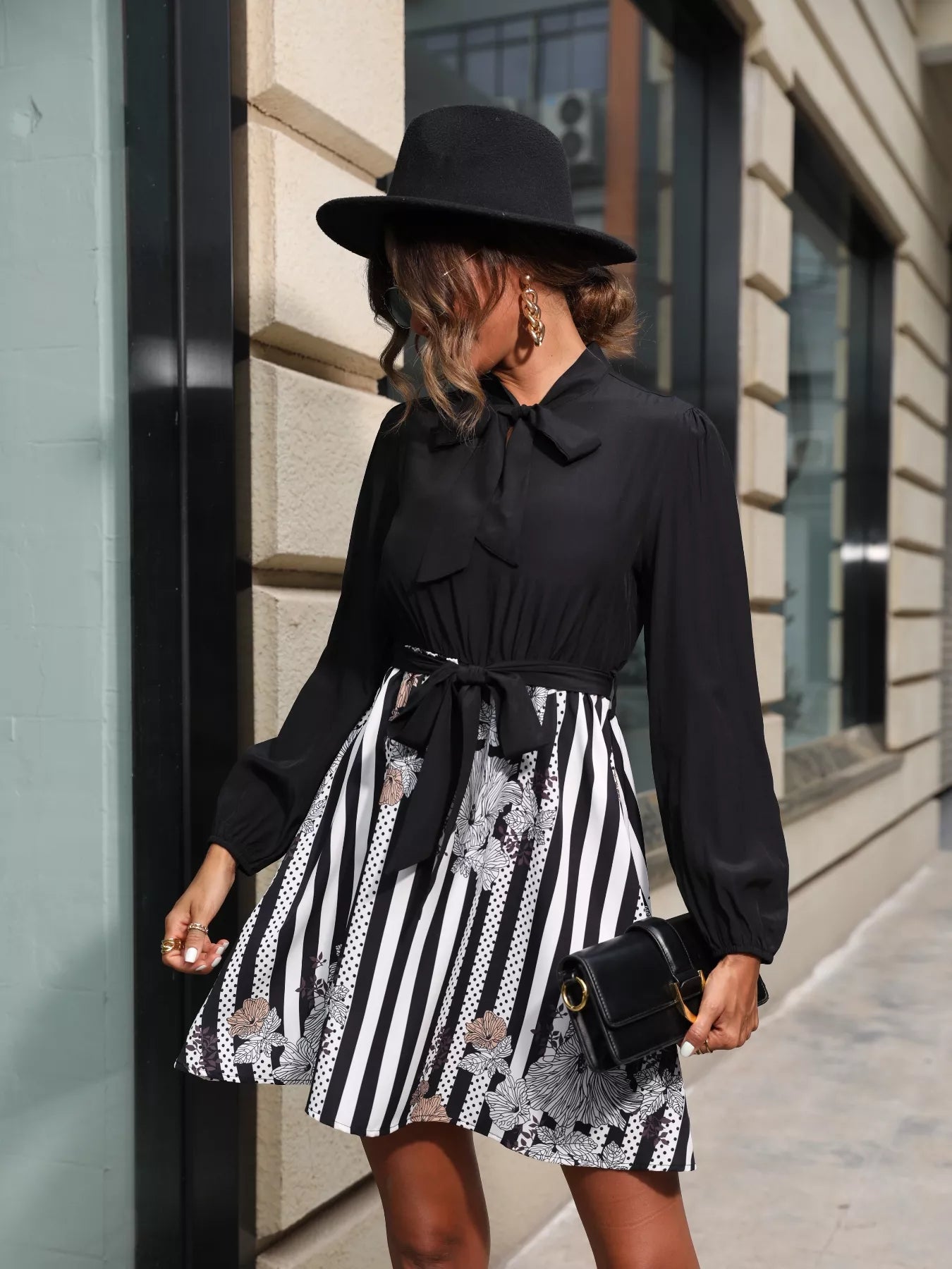 Striped Tie Front Long Sleeve Mini Dress OutfitFlow